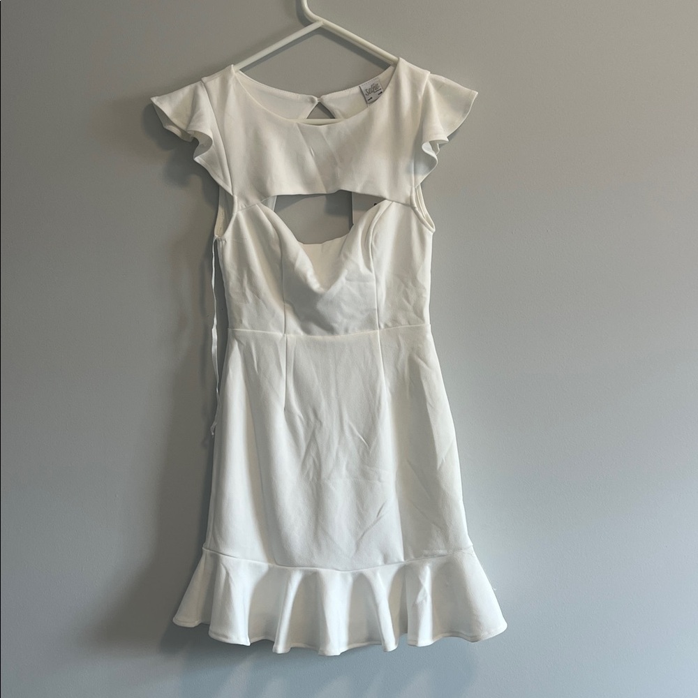 White Ruffle Sleeve Cutout Dress